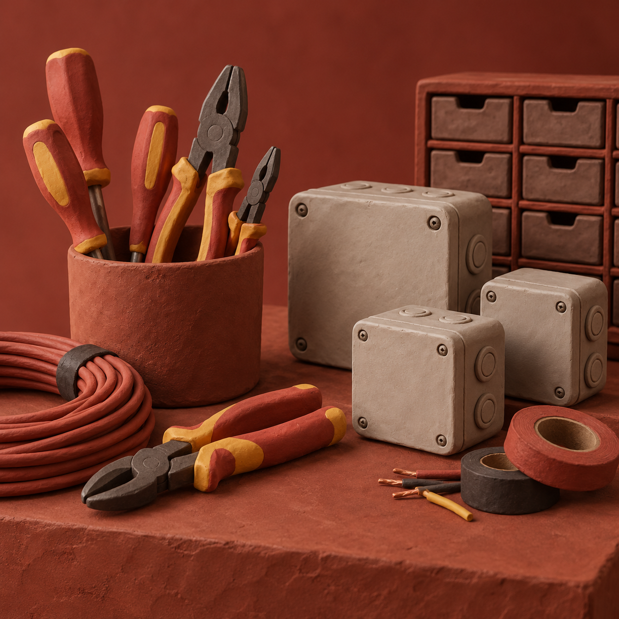 Illustration of electrical contractor preparation room: insulated tools, closed junction boxes, unmarked parts drawers